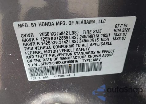 2019 Honda Pilot Ex-L z USA, uszkodzony, nr VIN 5FNYF6H5XKB100616